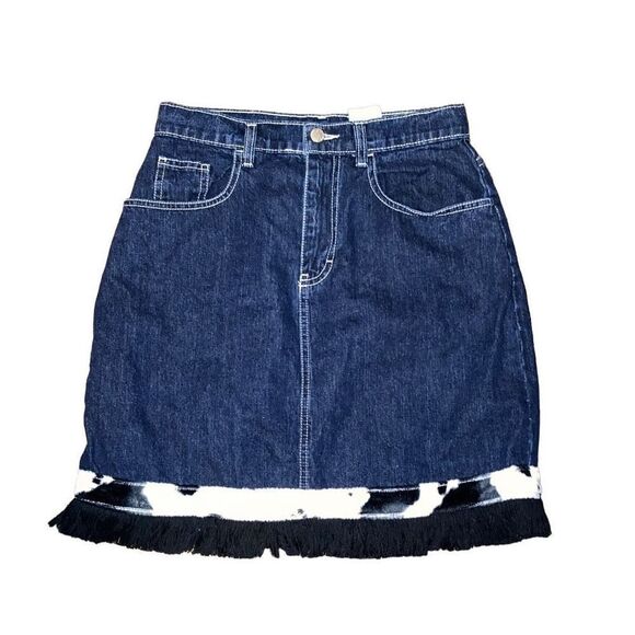 Vintage Y2K Jordache Size Small Denim Western Cow Print Hem Fringe A Line Skirt - Picture 1 of 5